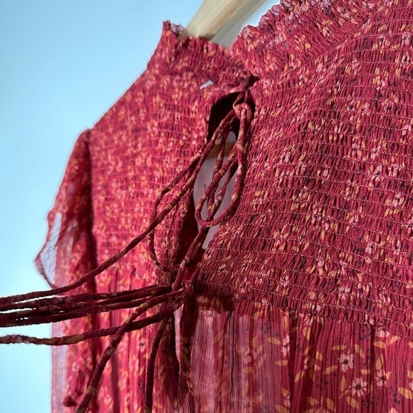 FREE People Roma Floral Chiffon Smocked Puff-Sleeve Blouse XS - Picture 7 of 8